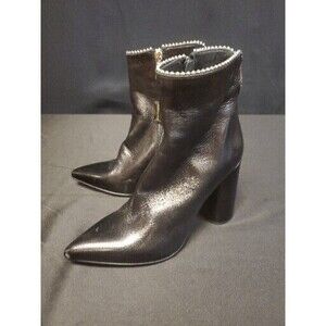 MA&LO Black Leather Studded Cuff Block Heel Bootie Boots 37 US 6.5 NWOT